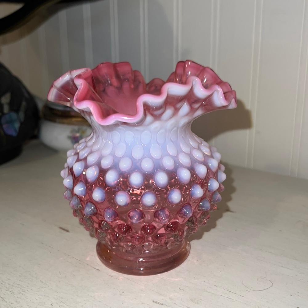 Pink Fenton opalescent ruffled hobnail vase 5” x 5” cranberry